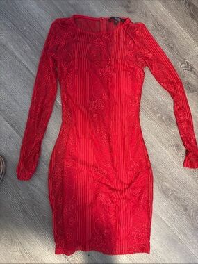 Guess Red Lace Long Sleeve Sheath Dress
